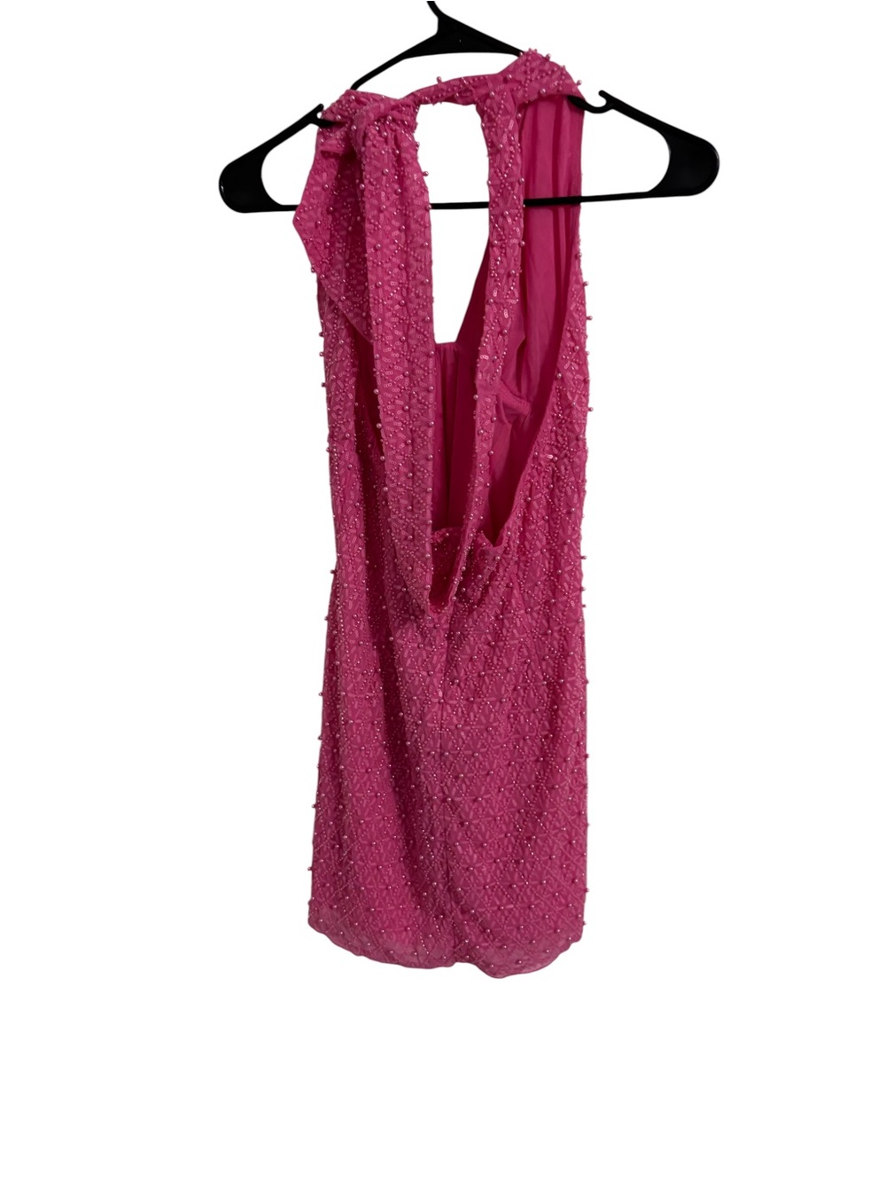 Embellished Extreme Cowl Neck Halter Mini Dress in Hot Pink - Picture 5 of 7